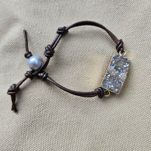 Druzy Rectangle Brown Leather Bracelet with Silver Sparkle